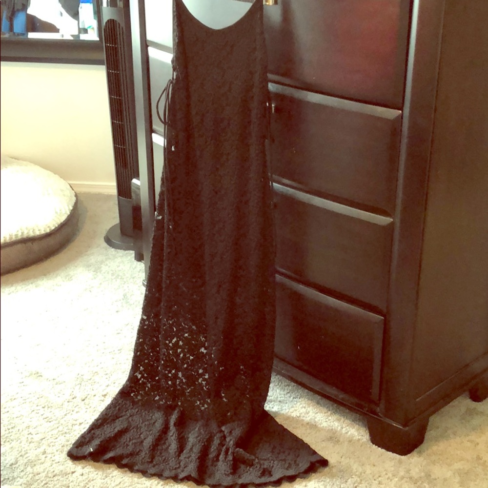 Black lace long spaghetti strap dress